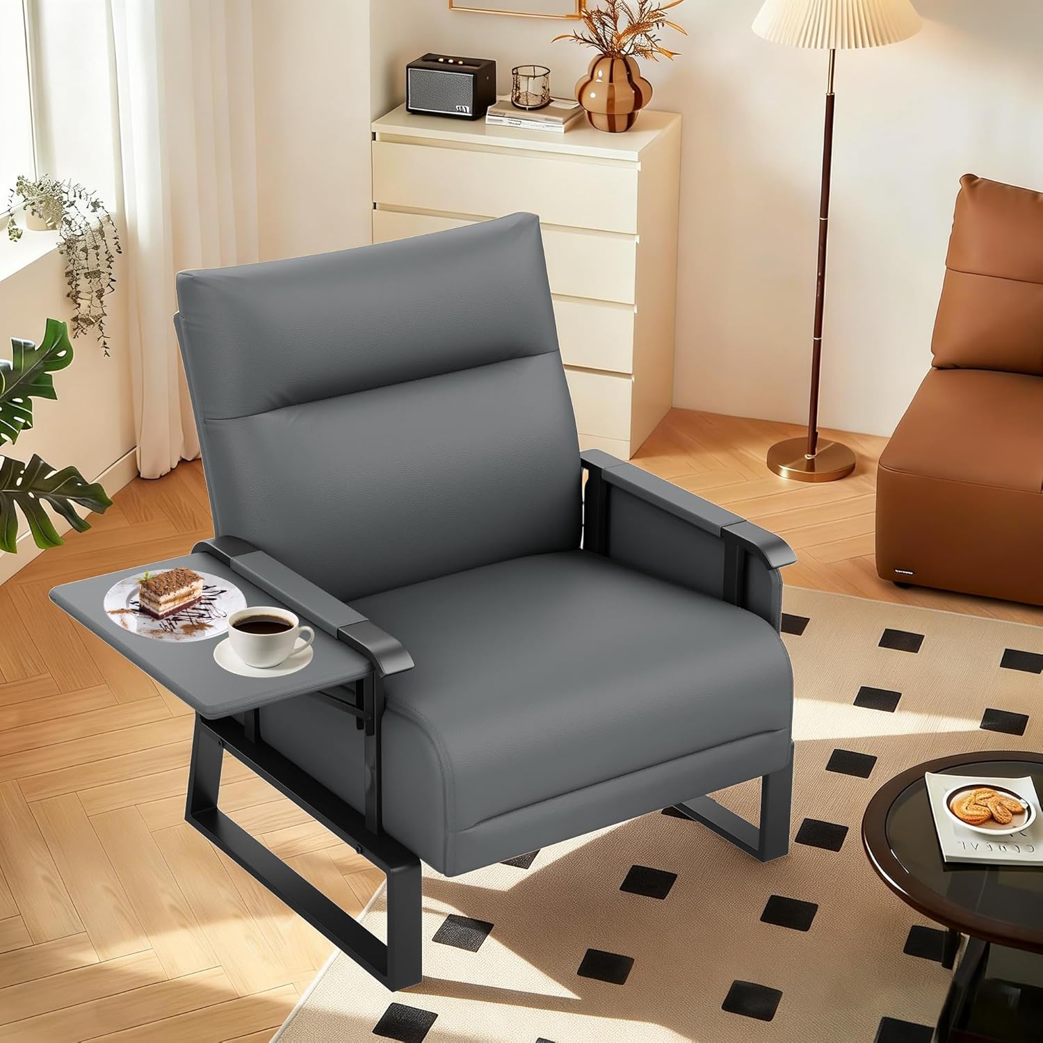 PU Leather Accent Chair Upholstered Armchair with Side Table for Bedroom Living Room Chairs Office Club Chair Grey