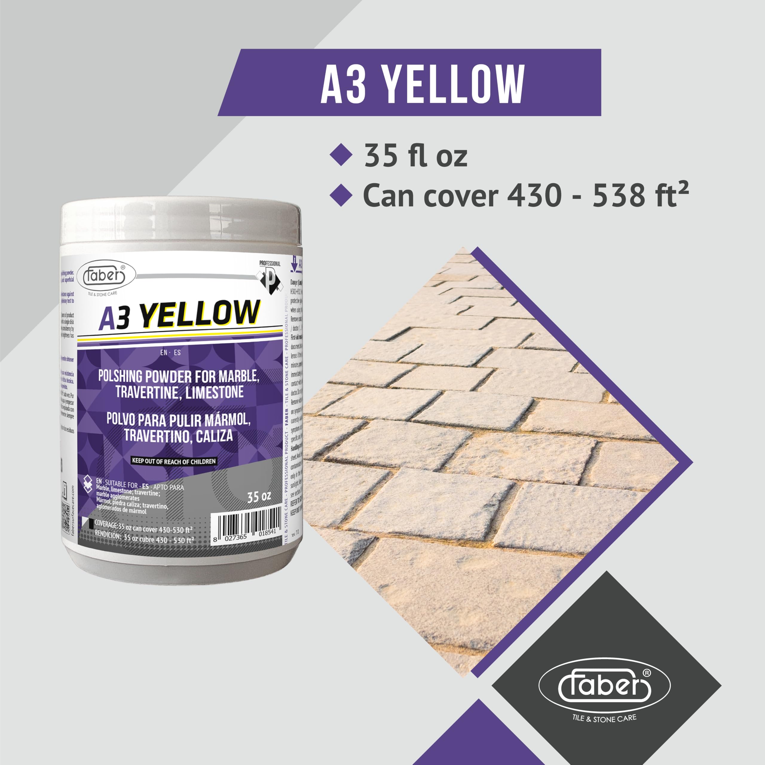 Faber - A3 Yellow 1 kg. - Poudre de polissage humide pour le polissage à effet vitrifié de tous les matériaux calcaires tels que le marbre, le calcaire, le travertin et les agglomérés à base de