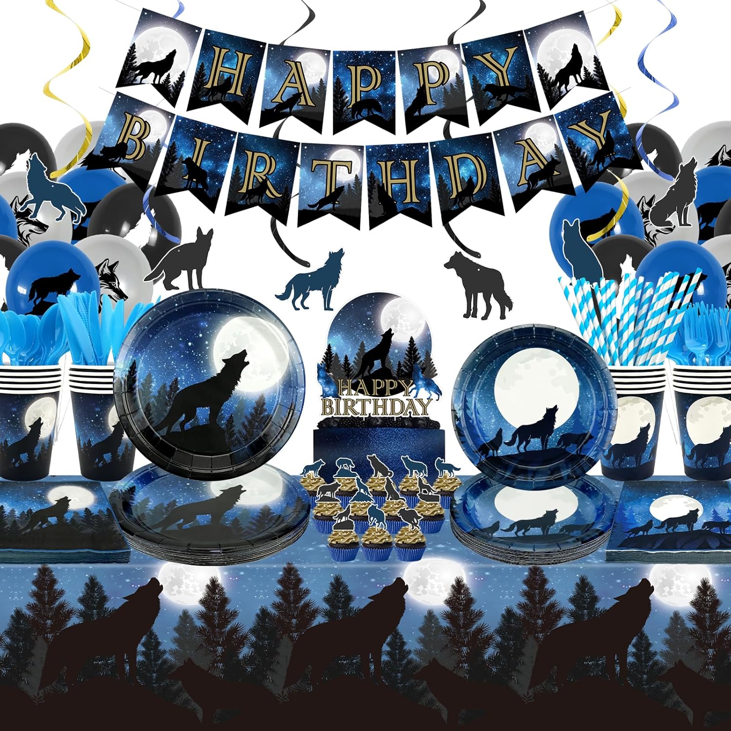 KEFAN Wolf Birthday Party Decorations, Wolf Theme Party Tableware Supplies including HAPPY BIRTHDAY Banner, Plates, Cups, Napkins, Tablecloth, Balloons for Wolf Birthday Party, Serves 20