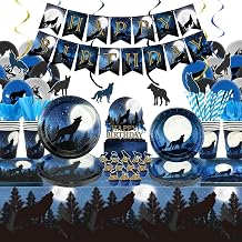 KEFAN Wolf Birthday Party Decorations, Wolf Theme Party Tableware Supplies including HAPPY BIRTHDAY Banner, Plates, Cups, Napkins, Tablecloth, Balloons for Wolf Birthday Party, Serves 20