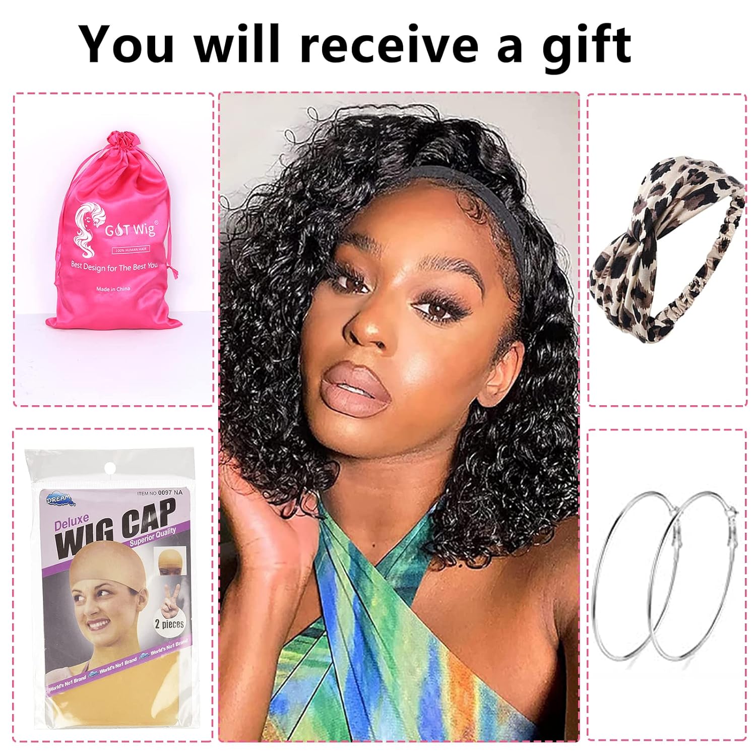 G&T Headband Wig Human Hair 20 inch Curly Headband Wigs for Black Women 180% Density Glueless Wear and Go Wig 100% Brazilian Human Hair Curly Wave Headband Wigs Natural Color