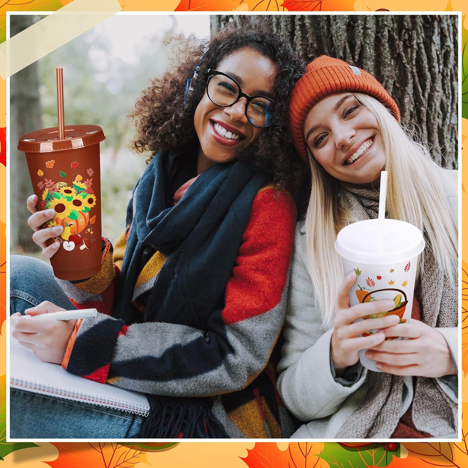 Pickmesh 12 Pack Thanksgiving Turkey Reusable Coffee Cups Gift with Lids Straws 24 oz Fall Autumn Plastic Tumblers Mugs Bulk Travel Coffee Mug for Hot and Cold Drinks