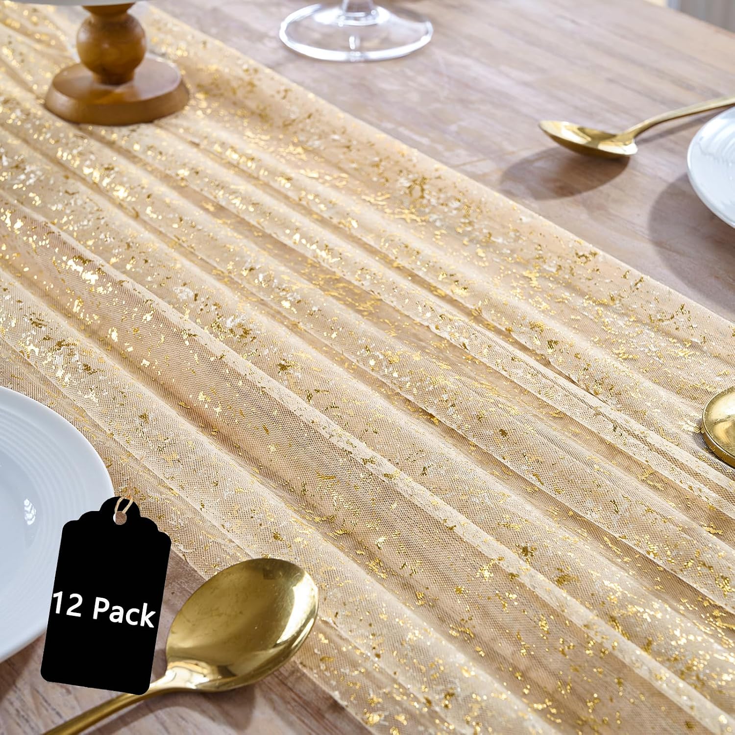 12PC Gold Gauze Table Runner 120 Inch 10FT Dining Wedding Baby Shower Holiday Birthday Sheer Tulle Table Décor