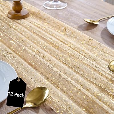 12PC Gold Gauze Table Runner 120 Inch 10FT Dining Wedding Baby Shower Holiday Birthday Sparkly Sheer Tulle Table Décor