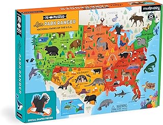 Mudpuppy National Parks Map – 70 Piece Geography Puzzle with Special Shaped Pieces Featuring Famous National Parks and Ani...