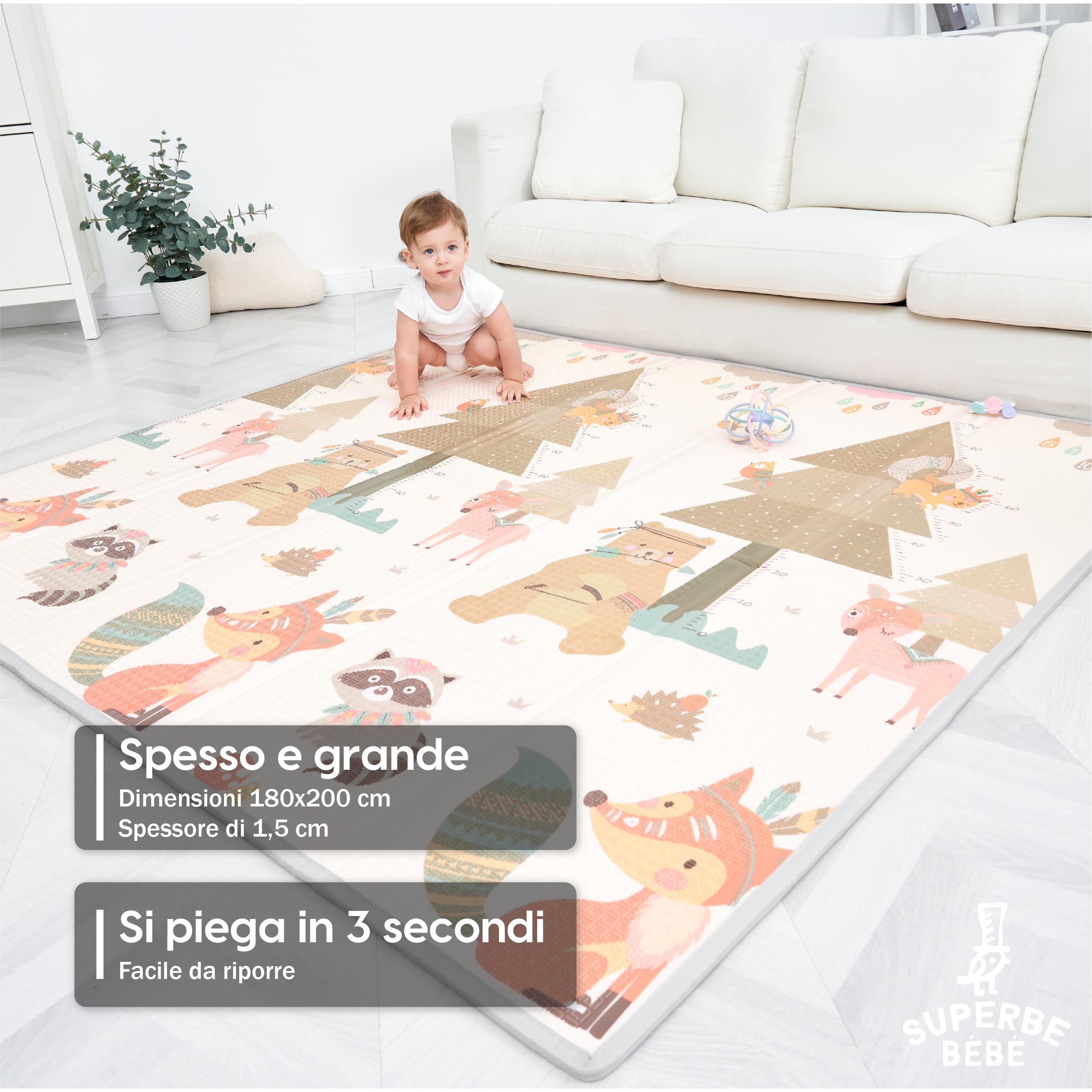 SUPERBE BEBE Tappeto Per Bambini e Neonati Reversibile e Non Tossico, Pieghevole e Impermeabile in Schiuma Per Bimbi. Per la Camera del Bambino o della Bambina. Grande Formato Regalo Bambino