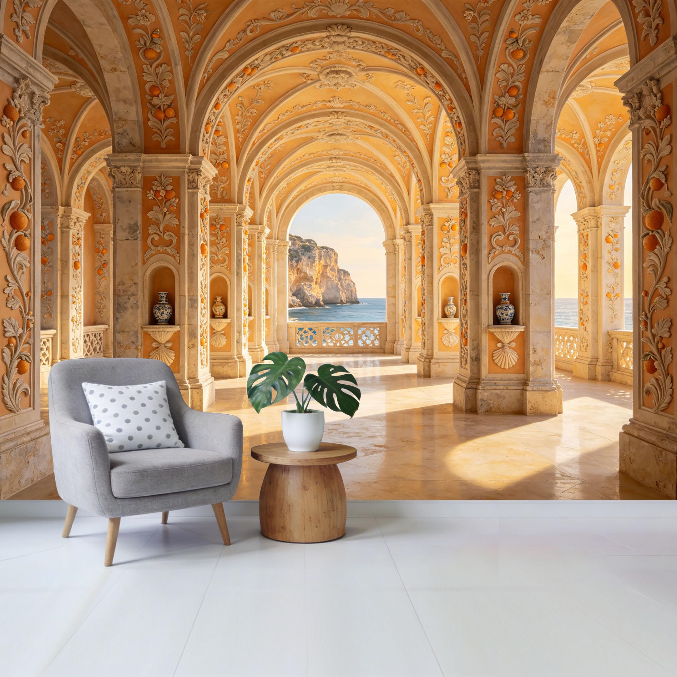 Removable Self Adhesive Fabric Mural， Neoclassical Coastal Mediterranean Archway Custom Size Wall Covering， UV Protected Waterproof Washable Wall Decor for Living Room Bedroom Bathroom