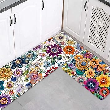 Kitchen Mats for Floor, 2PCS Non-Slip Cushioned Waterproof Anti Fatigue Boho Kitchen Rug Absorbent Comfort Washable Kitchen Mat Set for Farmhouse Home Sink Office Laundry