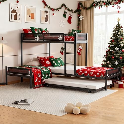L-Shape Metal Triple Bunk Bed with Trundle 4 Kids,Teens,Adults Bedroom,Metal Bunk Bed with Guardrail & Ladder, No Box Spring Needed,Black