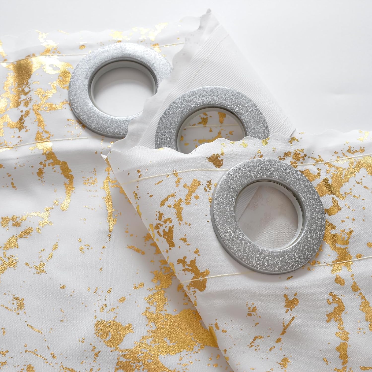 Marble Pattern Grommet Curtains, Gold Metallic Print on White, Room Darkening Window Panels (54" W x 66.9" L (Pack of 2))