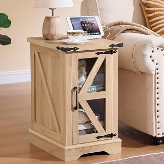 Joaxswe Narrow Night Stand with Charger Station, Glass Barn Door | Farmhouse Side End Table, Wood Bedside Tables, Nightstand Cabinet Organizer for Small Spaces Living Room Bedroom