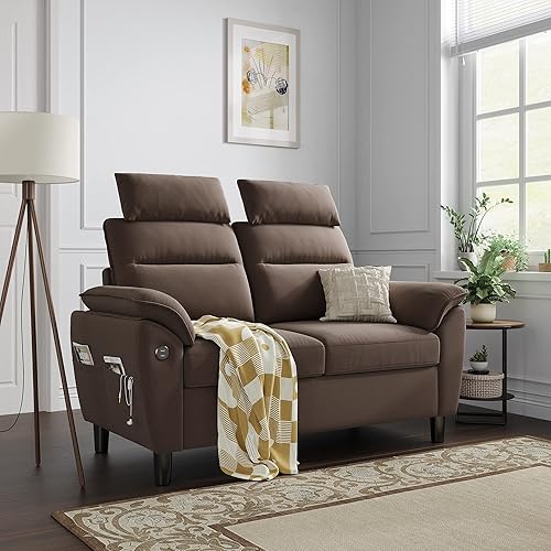 LINSY HOME Sofá biplaza sofá pequeño con 2 puertos de carga USB y bolsillos laterales sofá biplaza de 2 asientos para espacios pequeños sala