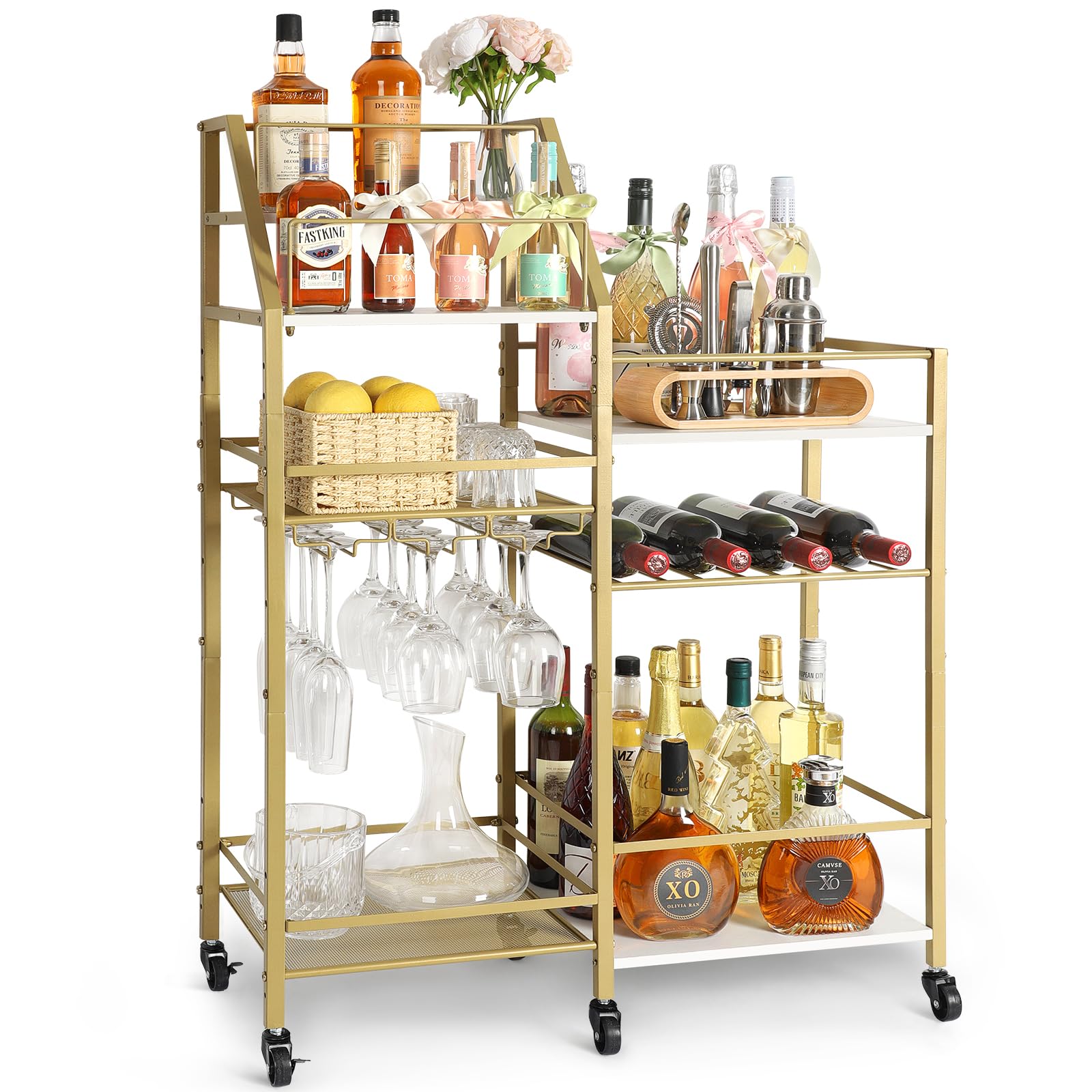 VINAEMO Gold Bar Cart With Wine Glass Holder, Stand for Home, Small Mini Bar for Whiskey Wine, Liquor Cart, Alcohol Cabinet for Kitchen, Dining Room