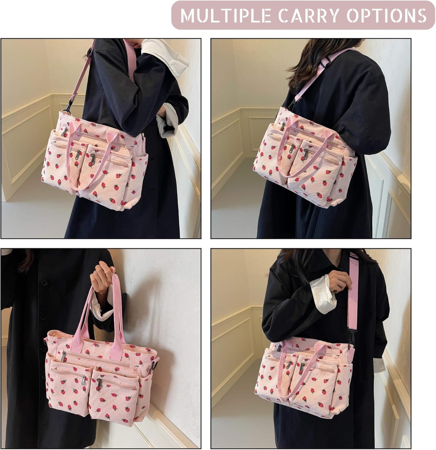 Strawberry Print Tote Bag with Multi Pockets, Cute Corduroy Shoulder Bag for Women, Hobo Crossbody Purse for Work Travel Shopping (Pink) - Image 5