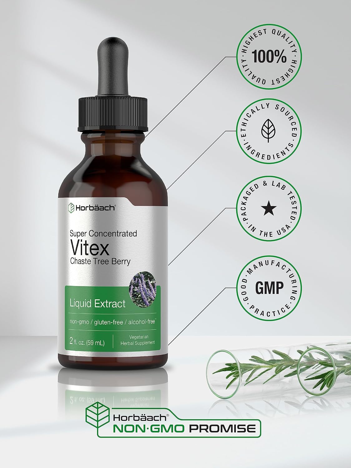 Vitex Berry Chasteberry Extract | 2 fl oz | Super Concentrated | Alcohol Free Chaste Tree Berry Supplement | Vegetarian, Non-GMO, Gluten Free | by Horbaach