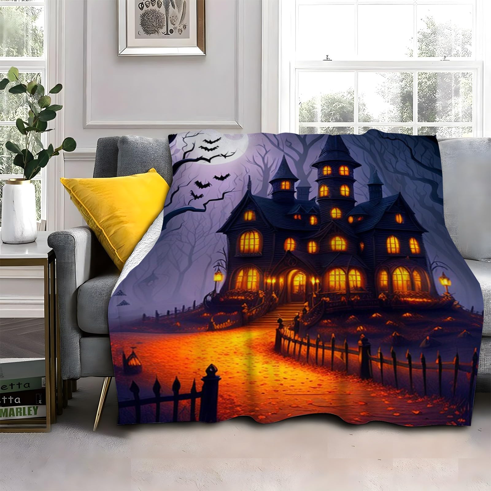 Générique Duży koc na sofę na Halloween, koc polarowy do domu retro, miękki i puszysty koc flanelowy, odpowiedni do łóżek i sof (220 x 240 cm) AL1044
