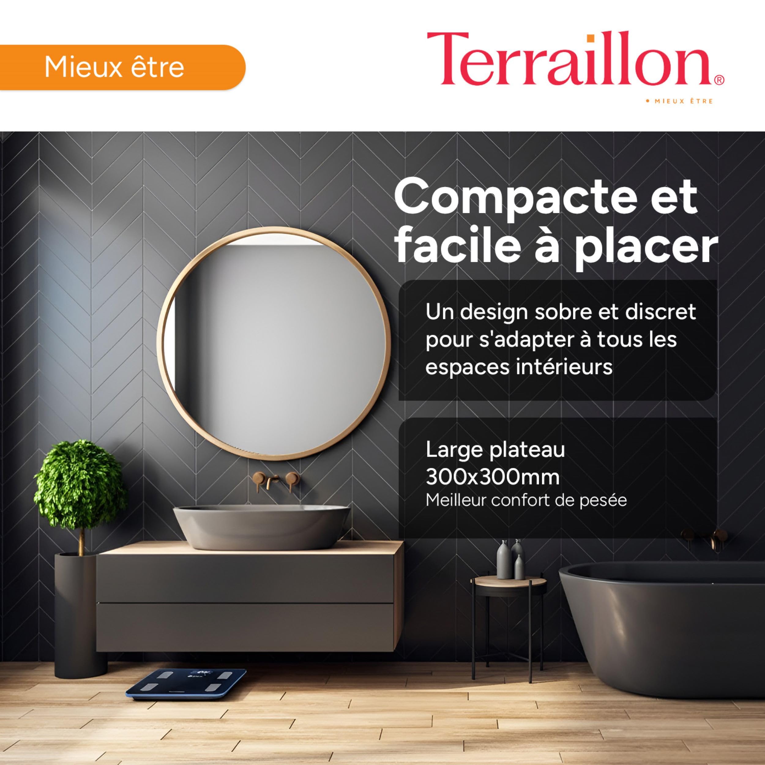 TERRAILLON Balance Pese personne Connectée Wifi FIT COACH | App Smartphone, Analyse Corporelle (IMC, graisse, musculaire, hydrique), Capacité 180 kg, Graduation 100g, Plateau 30x30 cm