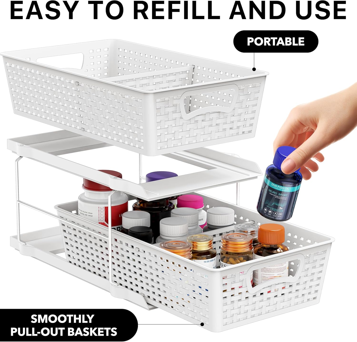 Simple Houseware 2 Tier Bathroom Organizer Tray Pull-Out Sliding Drawer, Under Sink Storage, White - Image 3