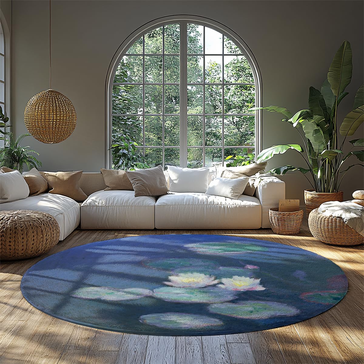 impressionnisme Grands Tapis Ronds 100cm Impression de nénuphar Lavable Tapis Mince antidérapant pour Salle de Classe Bambin Chambre d’Enfant décors Tapis