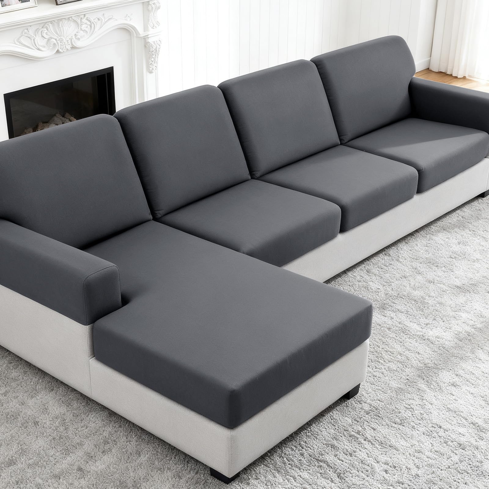 TAOCOCO Stretch Sectional Couch Covers for L-Shaped Sofas, 4 Pieces (3 Seater + 1 Chaise) Dark Grey, Soft Washable Furni