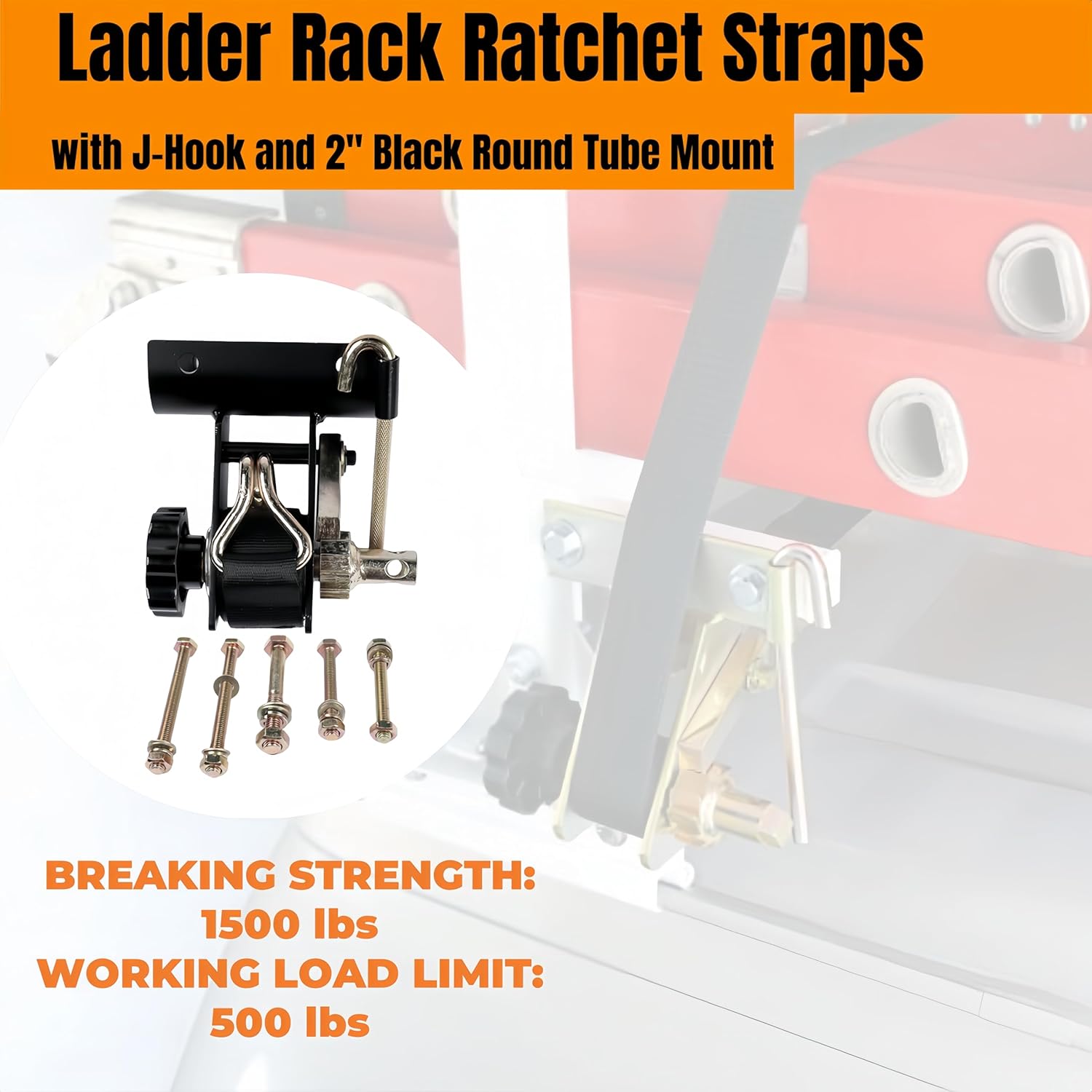 1-1/2" x 7.5' Ladder Rack Ratchet Tie-Down Straps (4PCS), 500 lbs Load Heavy Duty Cargo Buckle Rack Lock Strap, Retractable Ratchet Tie Down Strap with J-Hook, 2" Black Round Tube Mount - Image 2