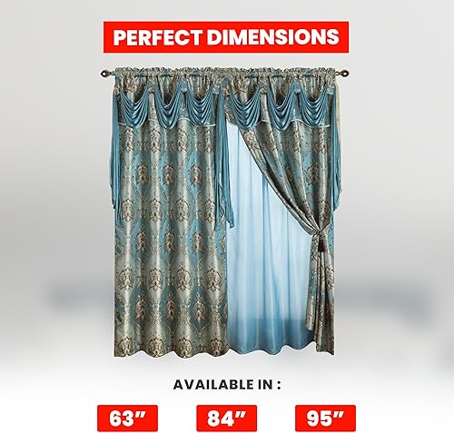 Miniatura 6 de Sapphire Home - Cortinas de jacquard de 8463 pulgadas de longitud con cenefa adjunta + parte trasera transparente + 2 borlas, cortina tradicional