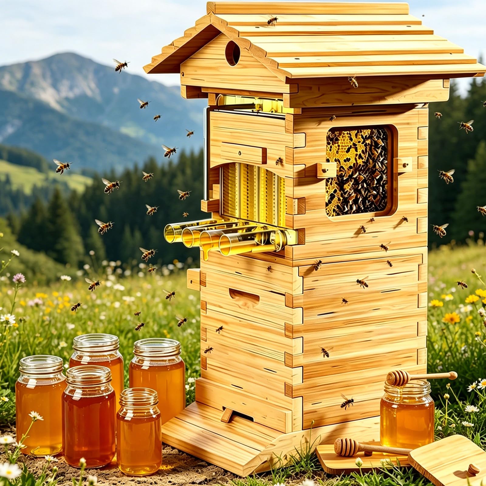 ORIDLECTAL Wooden Auto Flow Bee Hive: food-grade, easy to assemble, 380 * 255 * 710cm, for backyard beekeeping