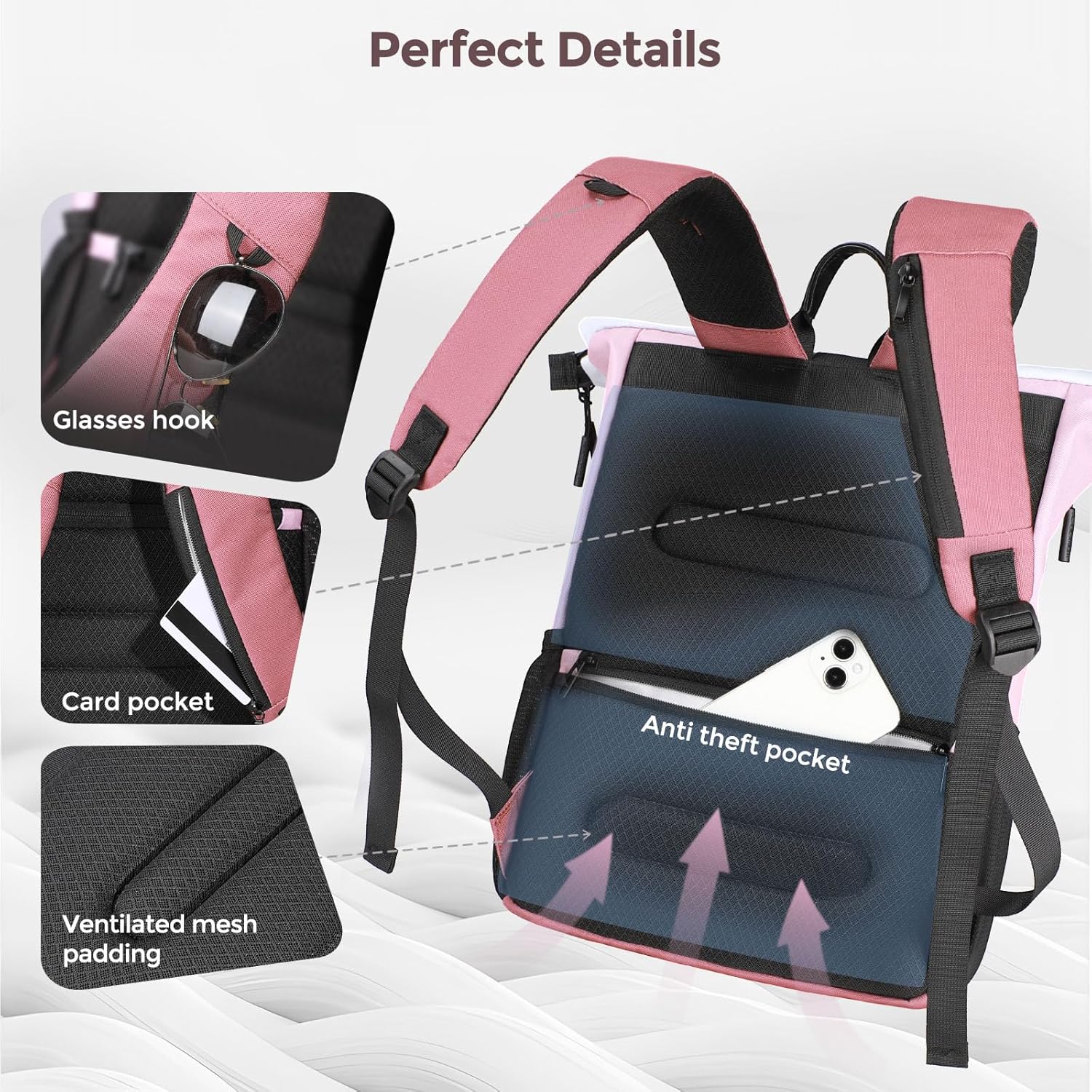 Rolltop Laptop Backpack for Women, Expandable 15-18L Travel Backpack with USB Charging Port, 17 Inch Computer Backpack with Anti-Theft Pocket, Lightweight Work & Commuter Backpack for College Travel