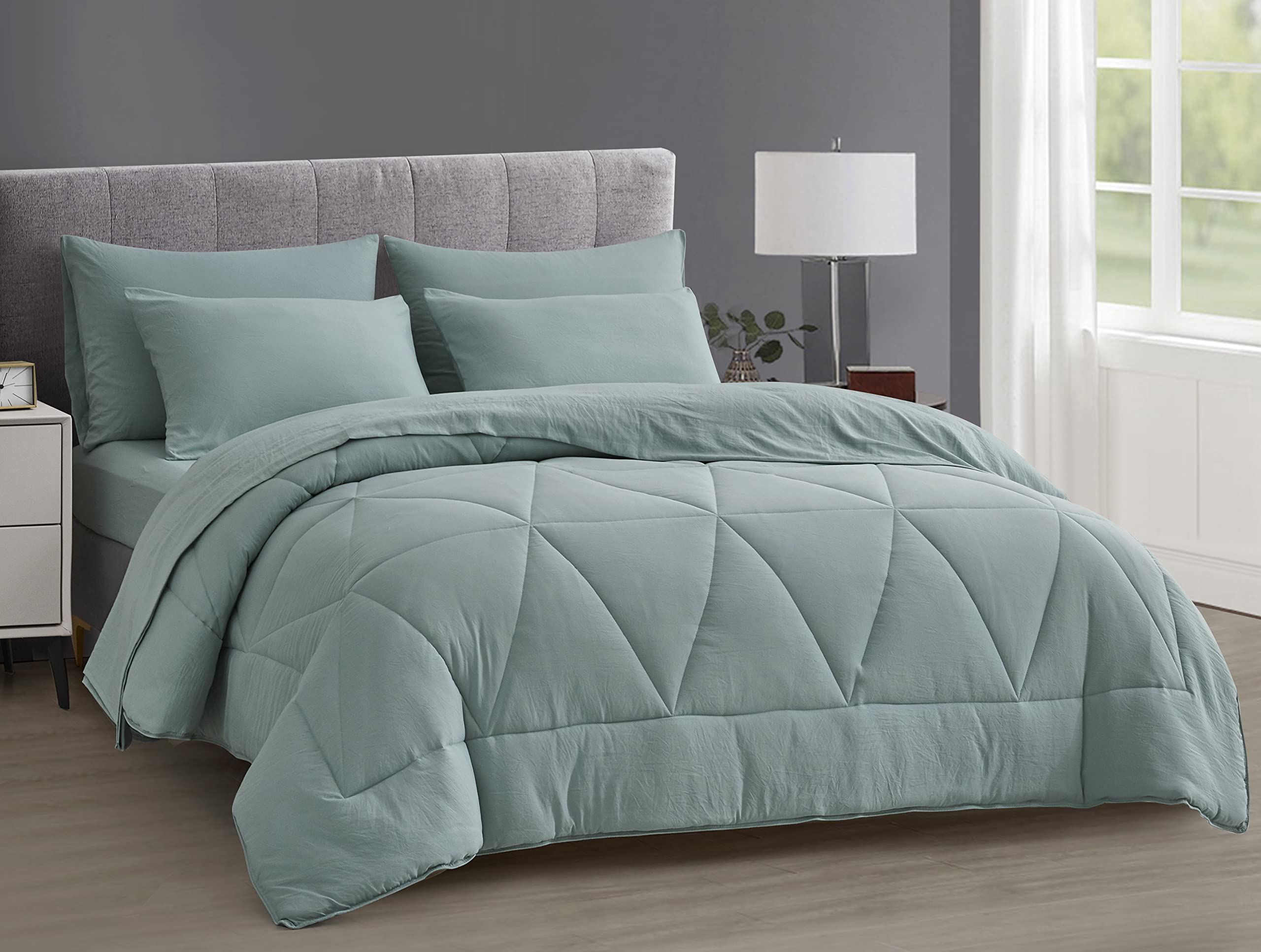 Chezmoi Collection Jasper Full Bed in a Bag 7-Pieces Triangle Geometric Quilted Soft Washed Double Brushed Microfiber Comforter with Sheets Lightweight All Season Bedding Set (Full, Aqua)