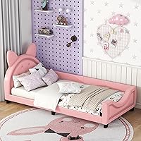 Vista 1 de Cama tamaño individual tapizada rosa con cabecero copetudo en forma de orejas, base de cama de plataforma baja con rieles para niños, niñas, niños
