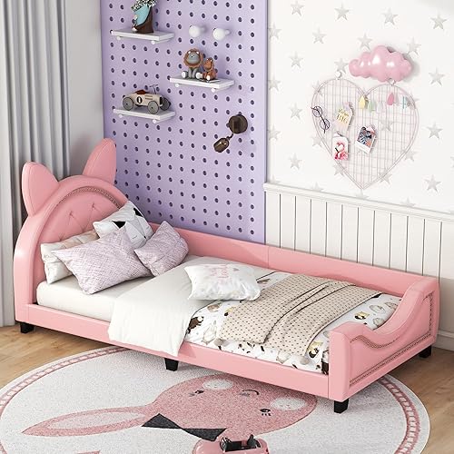 Cama tamaño individual tapizada rosa con cabecero copetudo en forma de orejas, base de cama de plataforma baja con rieles para niños, niñas, niños y