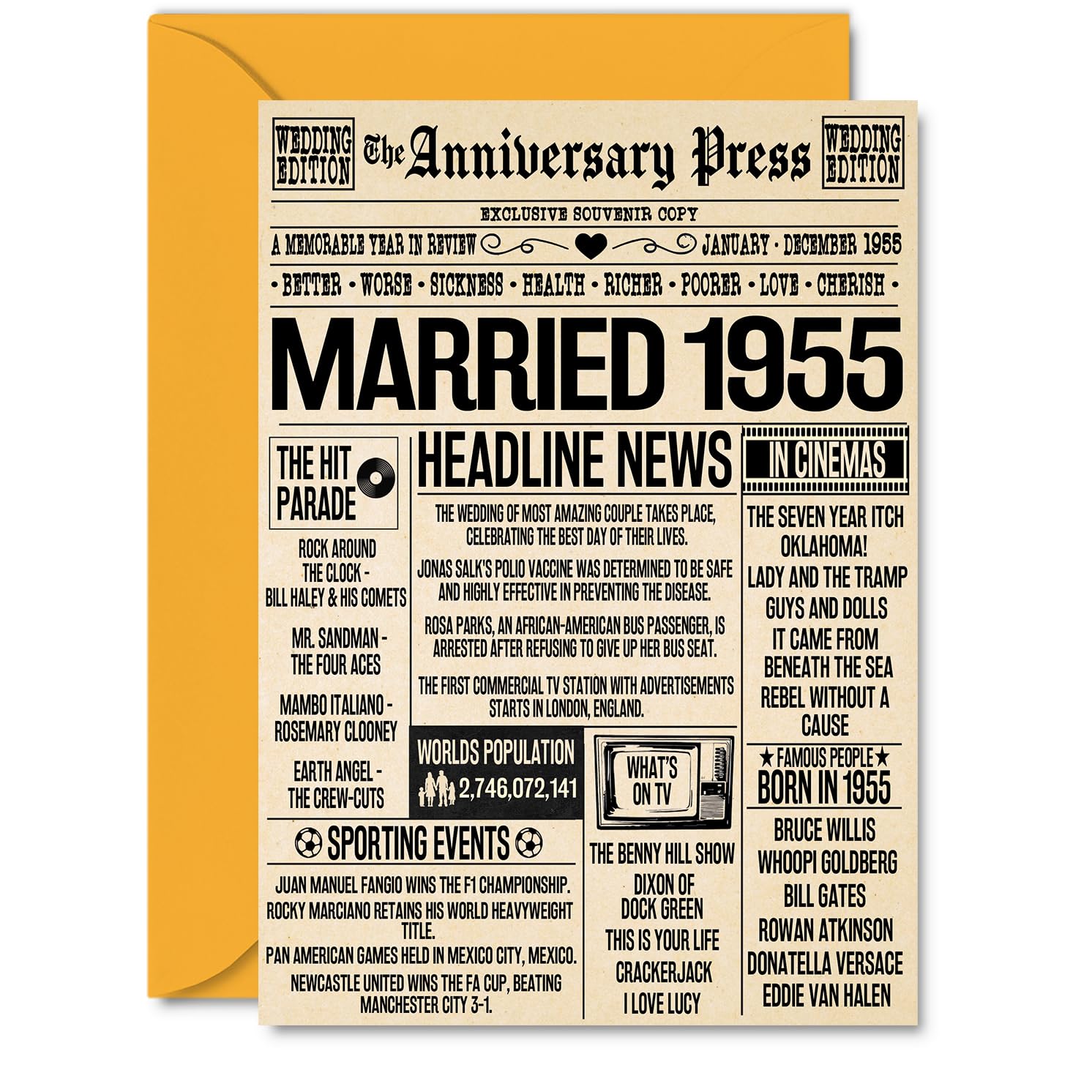 71st Anniversary Cards for Men Women - Married 1955 Newspaper - 71 Wedding Anniversary Card for Husband Wife Grandma Grandad Nan Vintage Retro 1955, A5 Greeting Cards