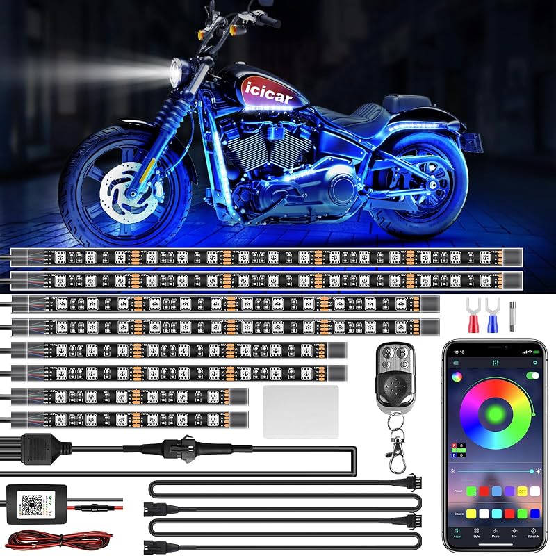 8PCS Motorcycle LED Underglow Kit, 4 Key Remote Control App Control with Two Extension Cords, Music Sync Waterproof RGB LED Motorcycle Light Kit for UTV ATV Golf Cart