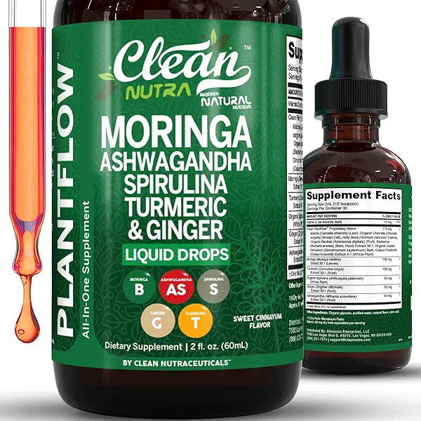 Clean Nutra Moringa Supplement Drops Ashwagandha Spirulina Chlorella Turmeric & Ginger Liquid Barley Grass with Chlorophyll Blue Green Algae Vitamin C Antioxidant Holy Basil Ceylon Cinnamon PlantFlow