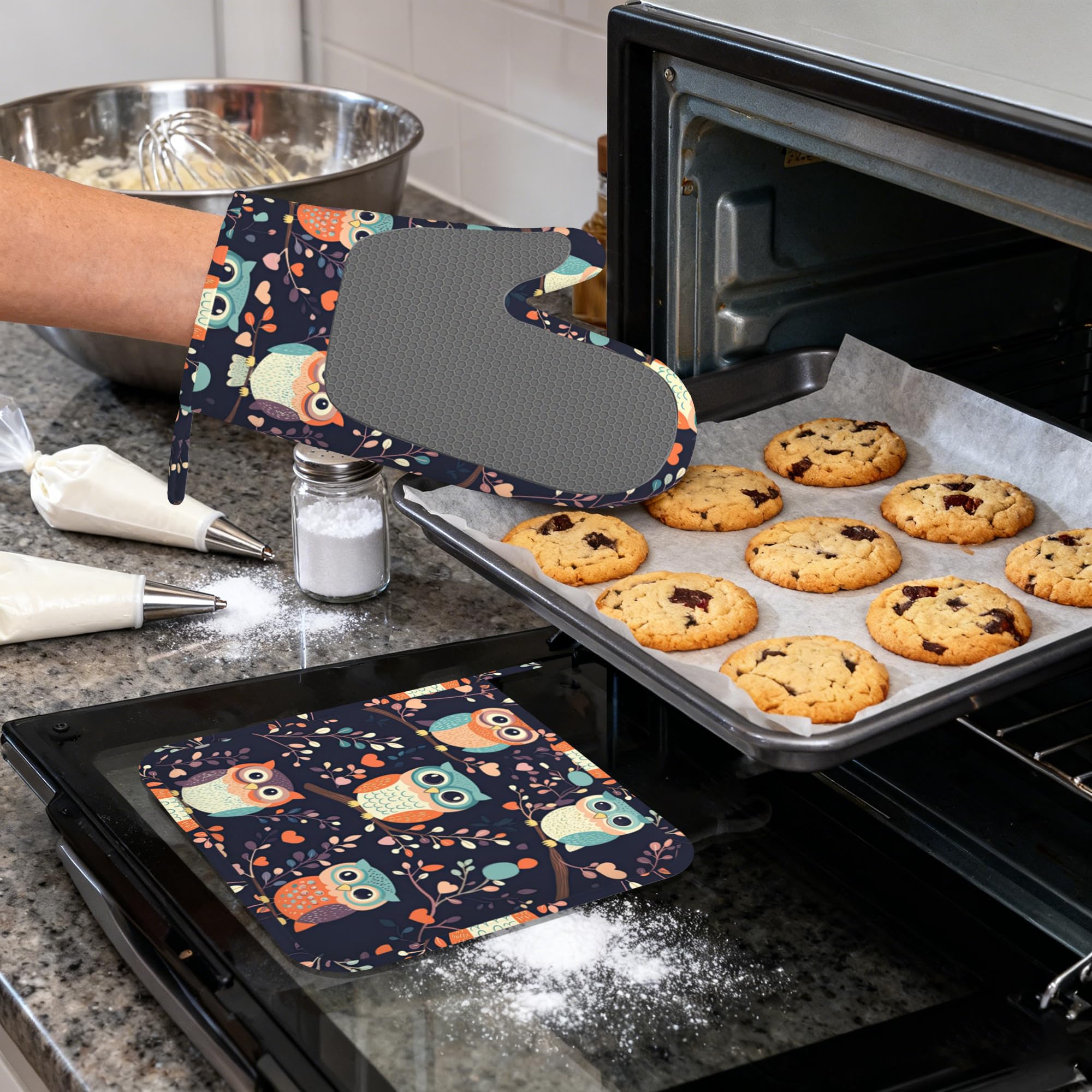 Cute Owl - Juego de 4 manoplas de horno de silicona resistentes al calor y soportes para ollas, extralargos, antideslizantes, para cocinar, hornear, asar a la parrilla