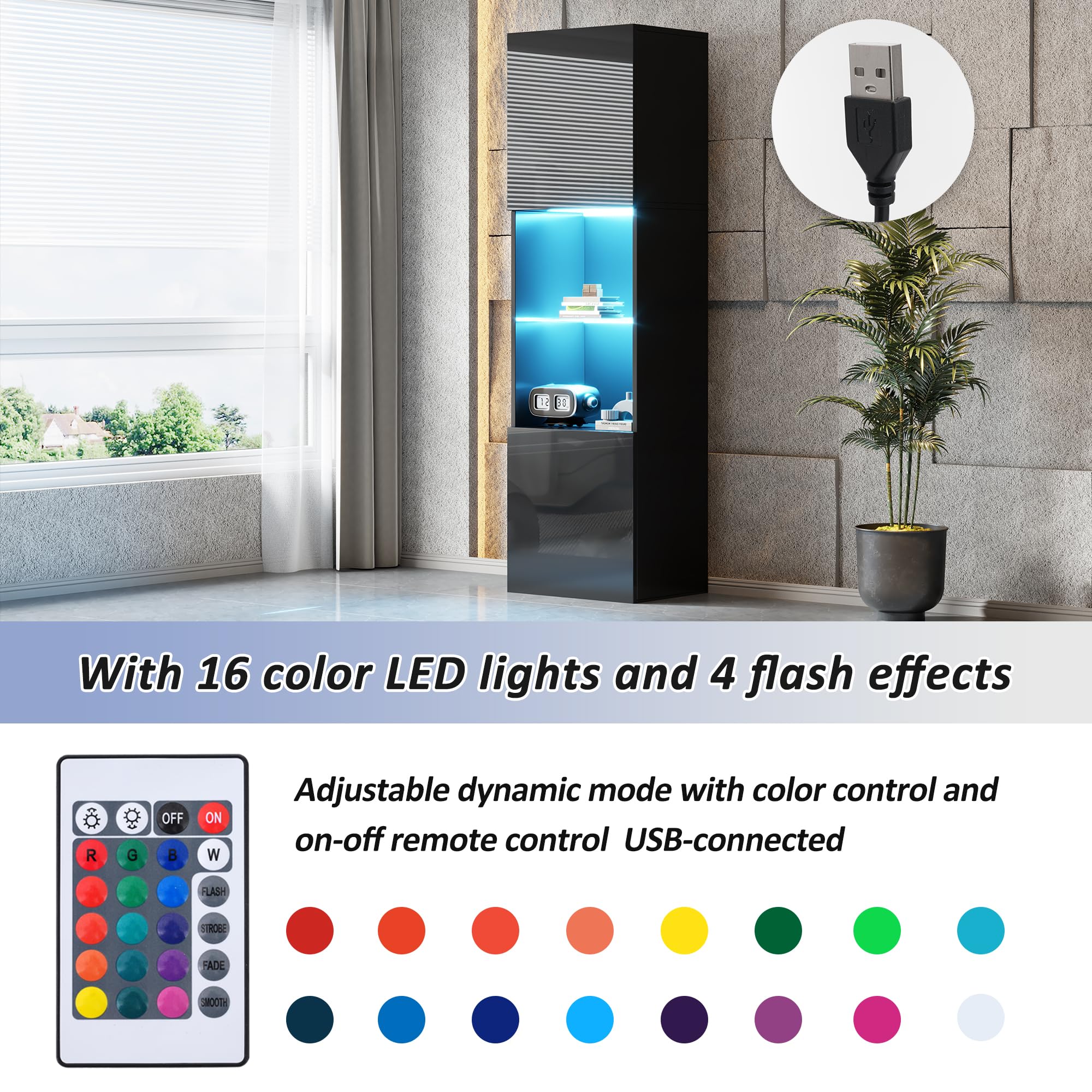 Vitrina Expositora para Colecciones con luz, vitrina de Cristal con Puerta 160x45x35cm LED de 16 colores y 4 modo dinámicos Muebles Vitrinas de Salon de Cristal con Estante Armario de Libros(A, Negro)
