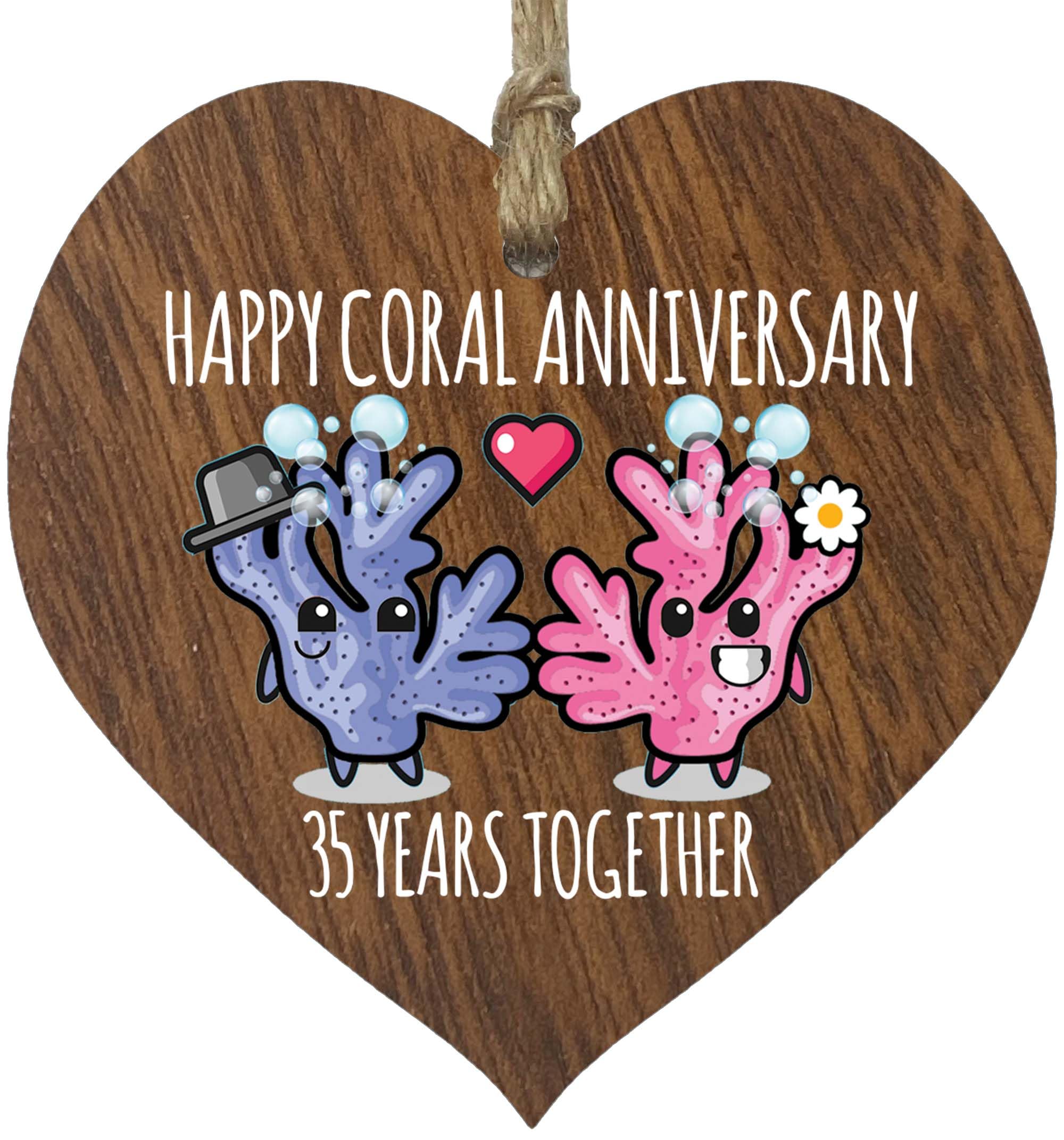 35th Wedding Anniversary Plaque Gift for Husband Wife - 35 Years Together - Happy Coral Anniversary Wooden Heart for Women Men Partner, Dark Wood Sign Keepsake Gifts