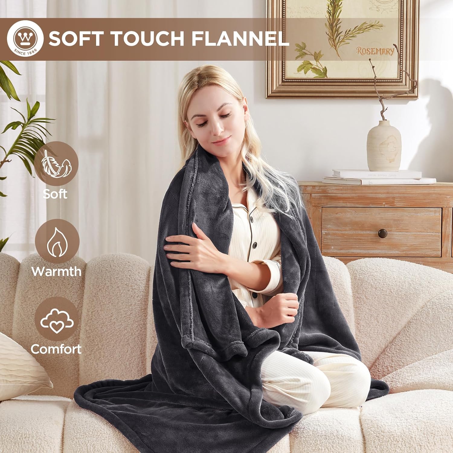 Westinghouse Heated Blanket Throw, Electric Throw with 6 Heating Levels, 2-10 Hours Time Settings, Overheat Protection, Machine Washable, Flannel (Throw, 50x60 Inches, Charcoal) - Image 4