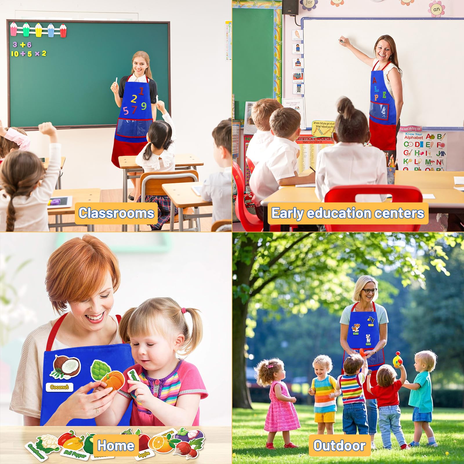 AKAYOK Felt Story Apron for Teacher, Adjustable Bib Apron with 3 Pockets Perfect for Teaching Letters and Sounds, Sight Words or Stories, Teacher Apron for School Classroom Lunchroom Library Home - Image 5