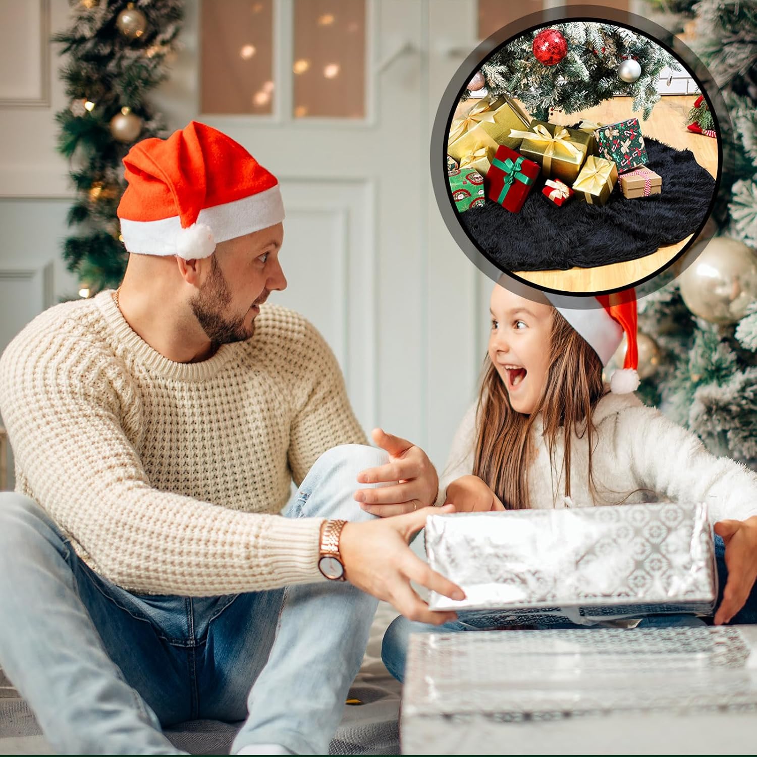 Civaner Black Christmas Tree Plush Skirts Decorations Faux Fur Plush Christmas Tree Skirt Merry New Year Xmas Holiday Party Decorations for Indoor Home Ornaments(48 Inch)