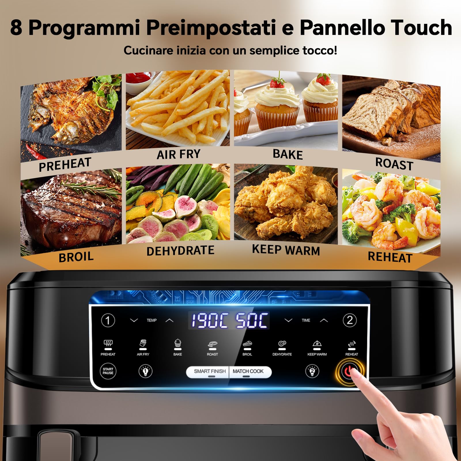 Friggitrice ad Aria 12L XXL con Tecnologia Dual Zone 2-in-1, Air Fryer 2600W con Finestra Visiva & Luce Interna, Smart Finish & Match Cook, 8 Programmi, Divisore & Ricettario Inclusi, Nero