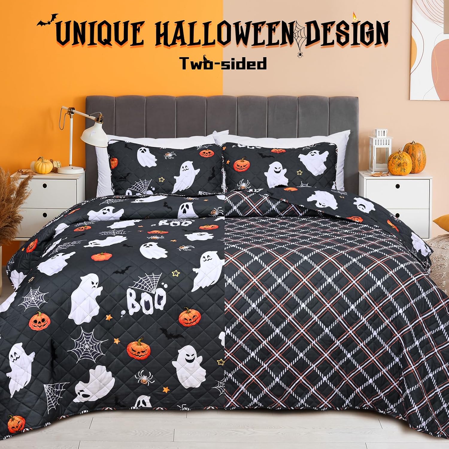 Invoibler Halloween Quilt Set Queen Size Grey Reversible Bedspread Coverlet Set 3Pcs Lightweight Bedding Set Ghost Pumpkin Spider Festival Quilts Set for All Season (1 Quilt, 2 Pillow Shams)