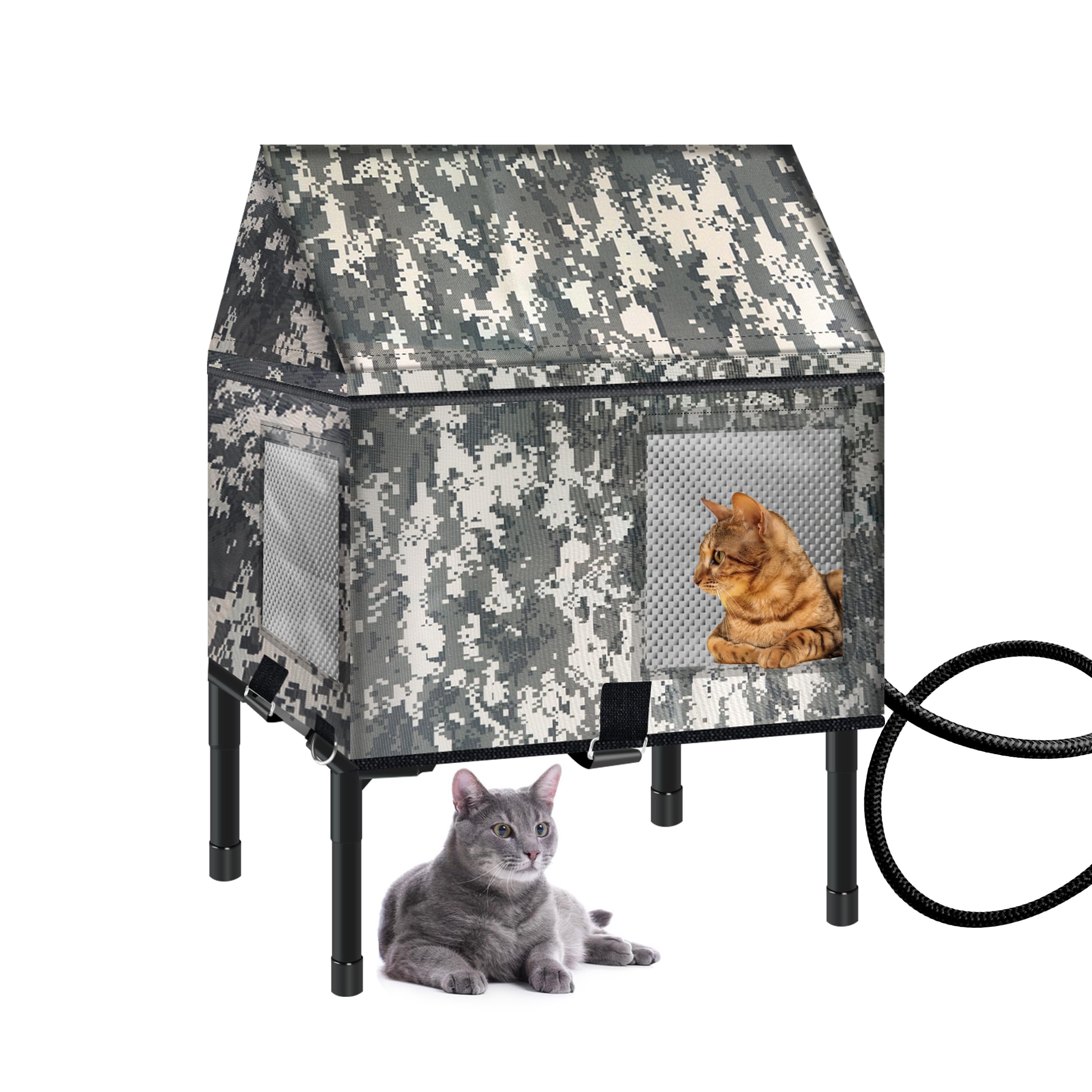 Heated Outdoor Cat House in Winter, 100% Waterproof, 20.5in x 14.5in x 21in Elevated Weatherproof Insulated Cat House with Heated Pad, Safe Escape Door, for Ferals Strays Barn Cat