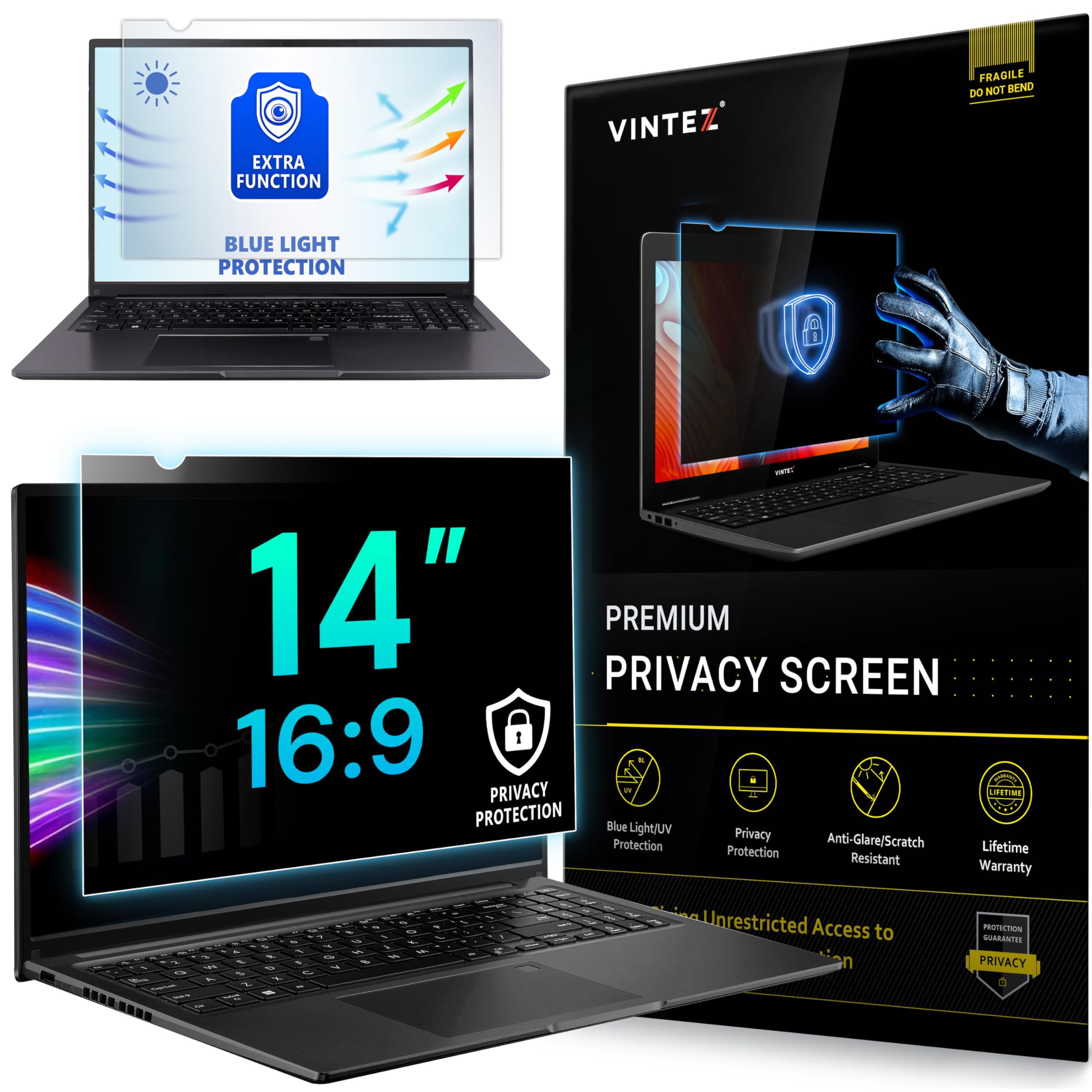 VINTEZ 14 Inch 16:9 Privacy Screen for Computer Monitor and Laptop - Anti Glare Protector Film Blue Light Filter Eye Protection - Computer Screen Privacy Shield, [1 Pack]
