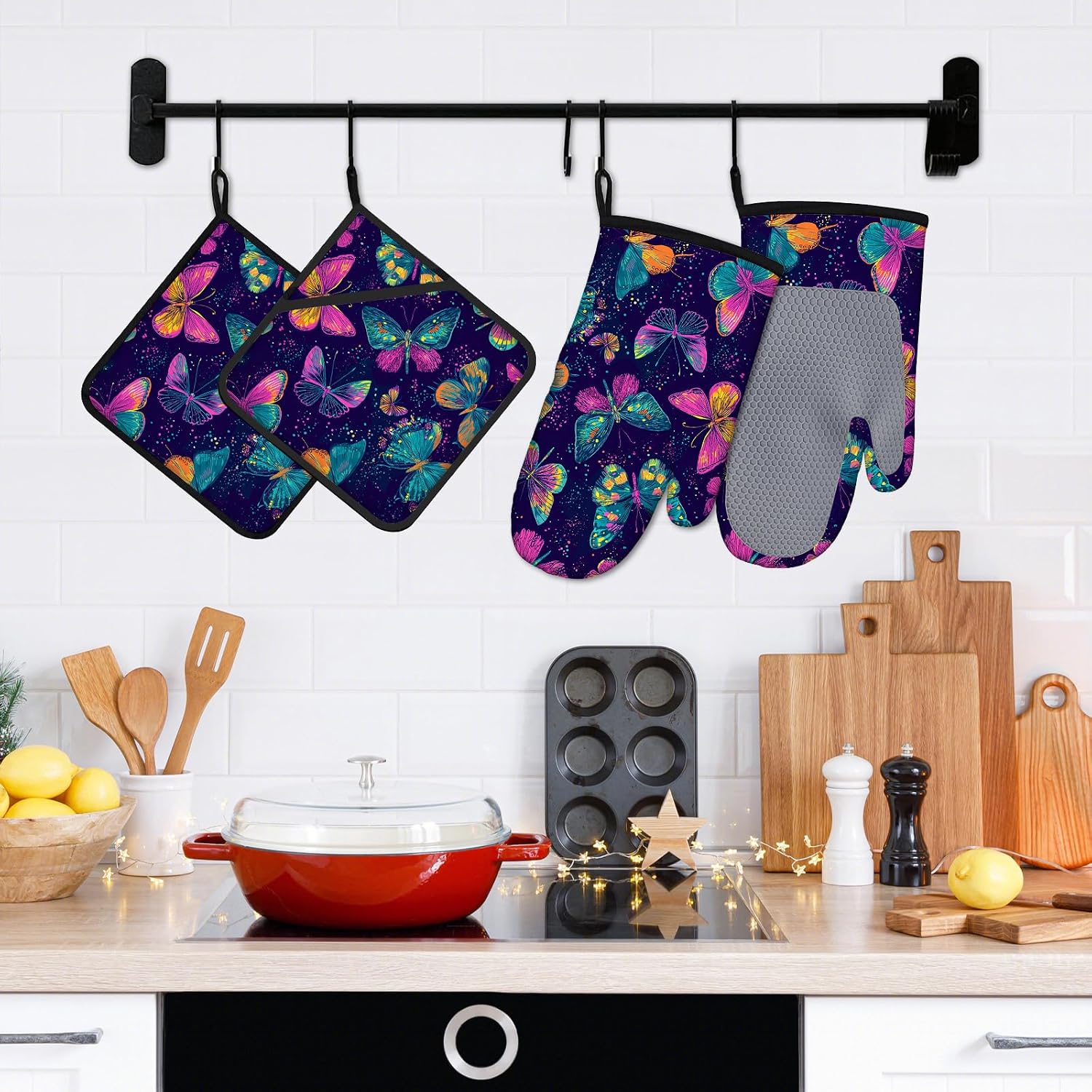 Colorful Butterfly Oven Mitts and Pot Holders Sets 4Pcs Silicone Non-Slip Mitts Heat Resistant Gloves Hot Pads for Kitchen Cooking Baking Grilling BBQ image 5