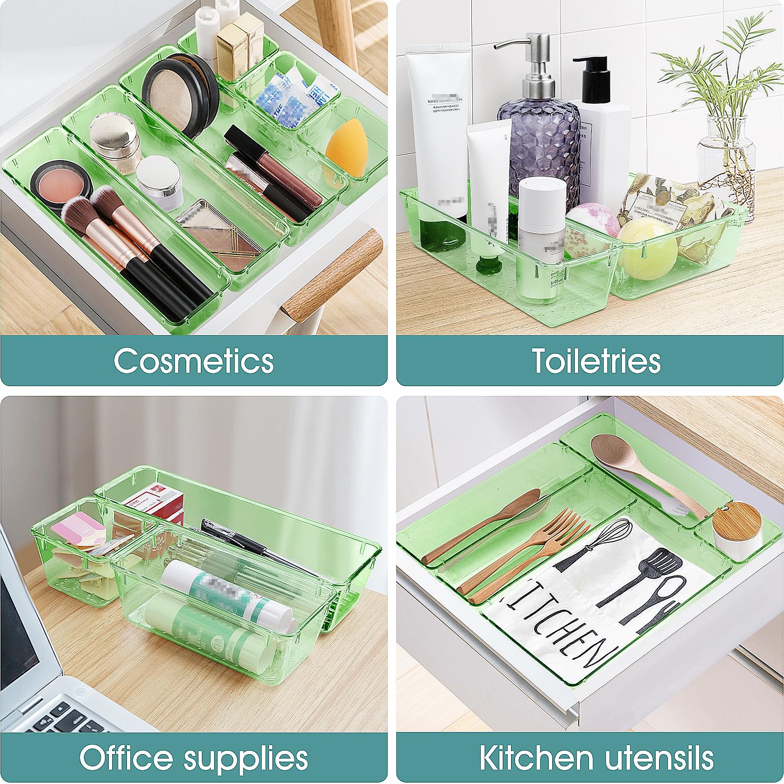 WOWBOX Schubladen-Organizer-Set aus Kunststoff, 4 Größen, Schreibtisch-Schubladenteiler und Aufbewahrungsbehälter für Make-up, Schmuck, Gadgets für Küche, Schlafzimmer, Badezimmer, Büro, transparent