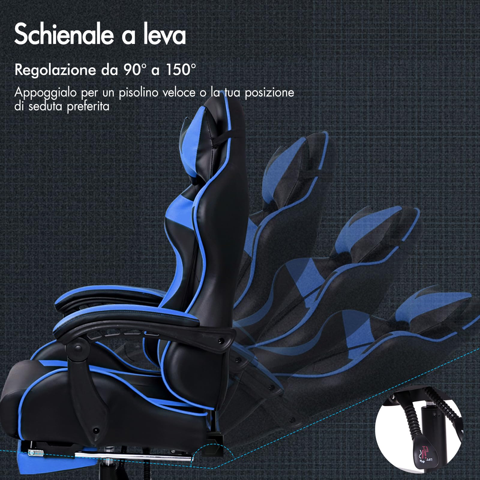 ALFORDSON Sedia Gaming Massaggiante, Sedia Gamer Professionale, Cuscino Lombare & Poggiatesta, Poltrona Ergonomica da Ufficio con Poggiapiedi, Portata 180 kg, Regolabile 90-150°, Similpelle(Blu)
