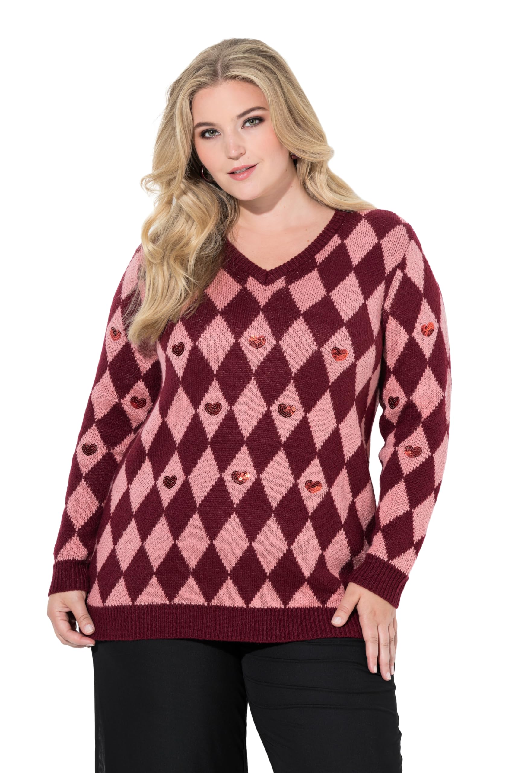 MIAMODA Damen große Größen Übergrößen Plus Size Pullover, Rhombenmuster, Pailletten-Herzen 846059