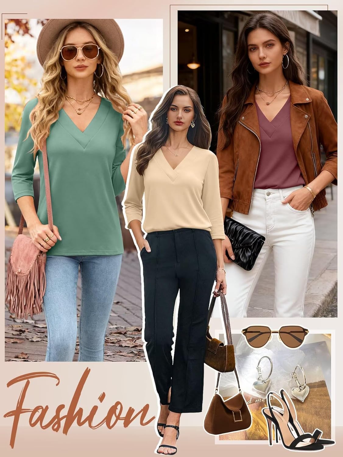 Bliwov Women’s 3/4 Sleeve V Neck Tops Loose Fit T Shirts Casual Work Blouses 2026 Spring Soft Basic Tees Summer Outfits Apricot - Image 5