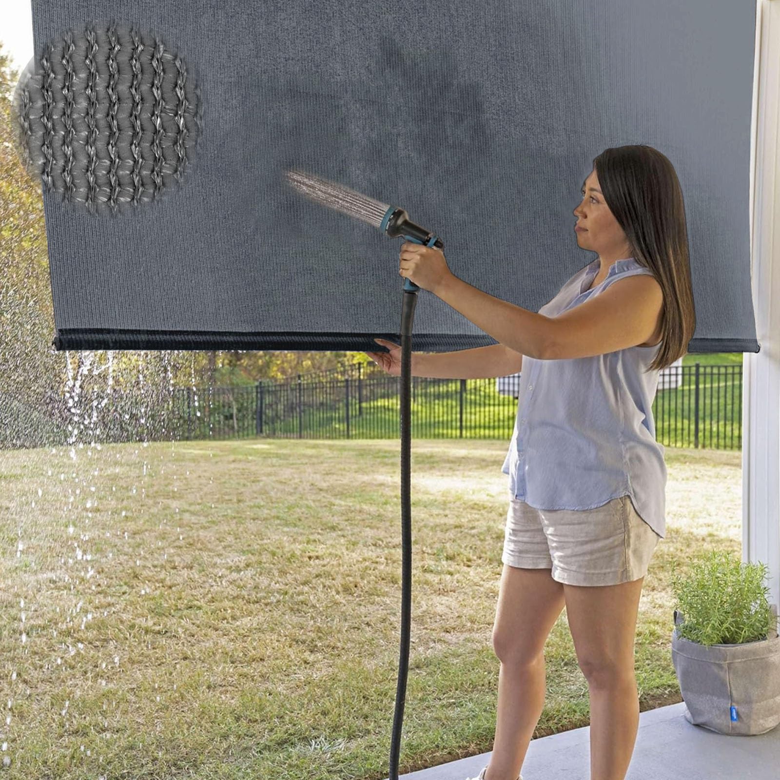 Roleta rzymska 90 x 100 120 x 130 140 x 220 cm, zewnętrzne pionowe zasłony przeciwsłoneczne, beżowo-zielono-szary, wodoodporna, trwała, ochrona przed słońcem, ochrona UV i prywatność (szary, H200 x